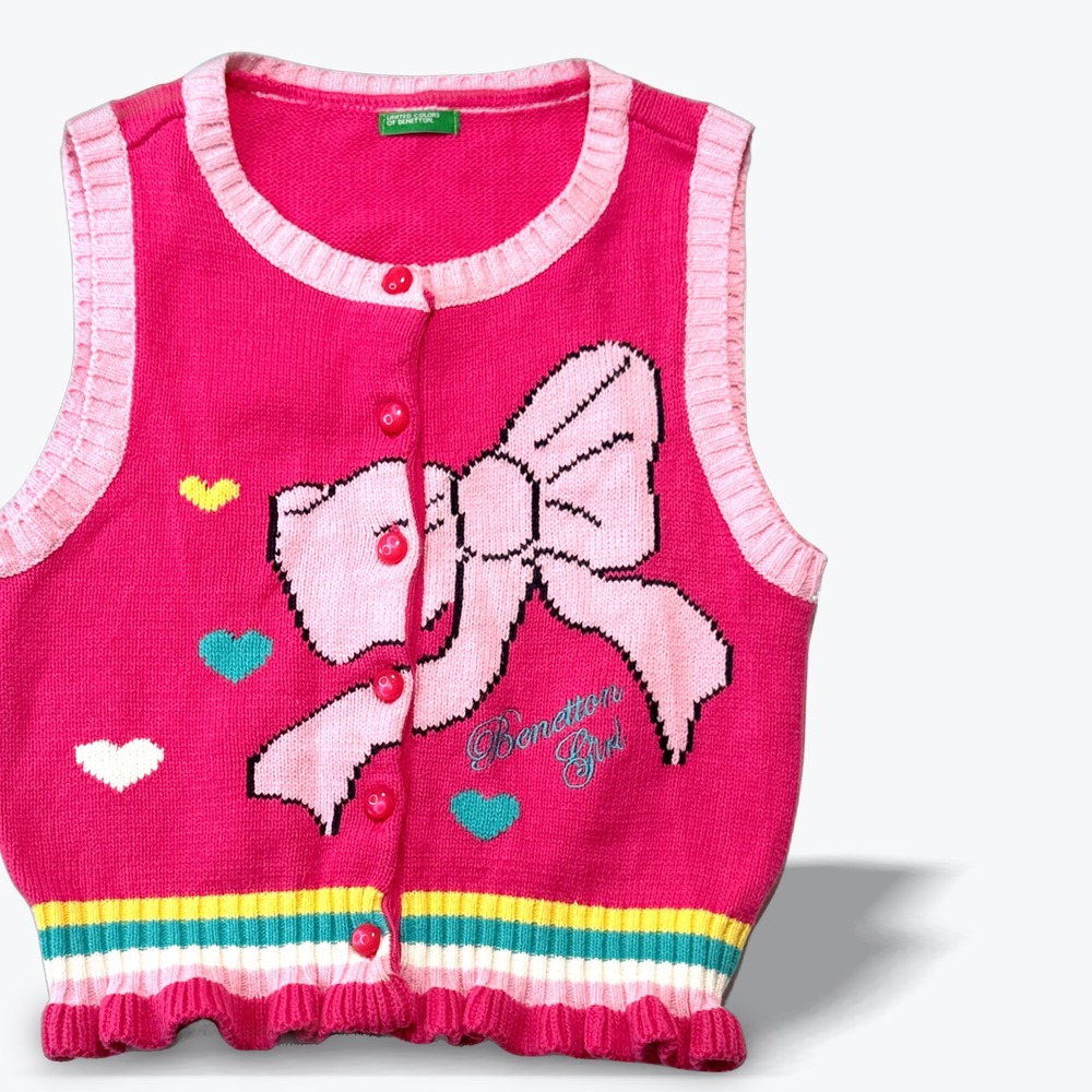 VTG United Colors of Benetton Sweater Vest 1980s Kids Pink Ruffle XS 7Y